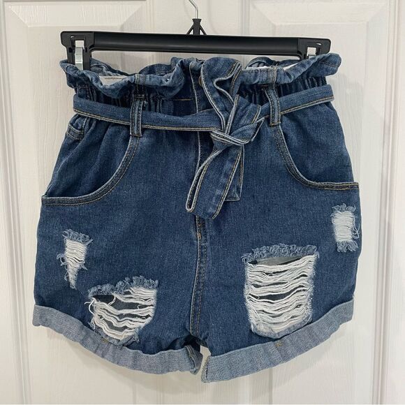 SHEIN Elastic Tie Waist Deconstructed Denim Shorts Dark Wash Women’s Size XS - Picture 1 of 5